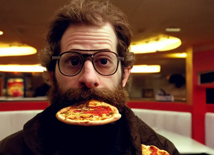 Prompt: cinematic detailed portrait of bearded charlie kaufman eating pizza at chuck - e - cheese, dramatic top down lighting, moody film still from being john malkovich ( 2 0 0 1 ), 3 5 mm kodak color stock, 2 4 mm lens, directed by spike jonze, ecktochrome