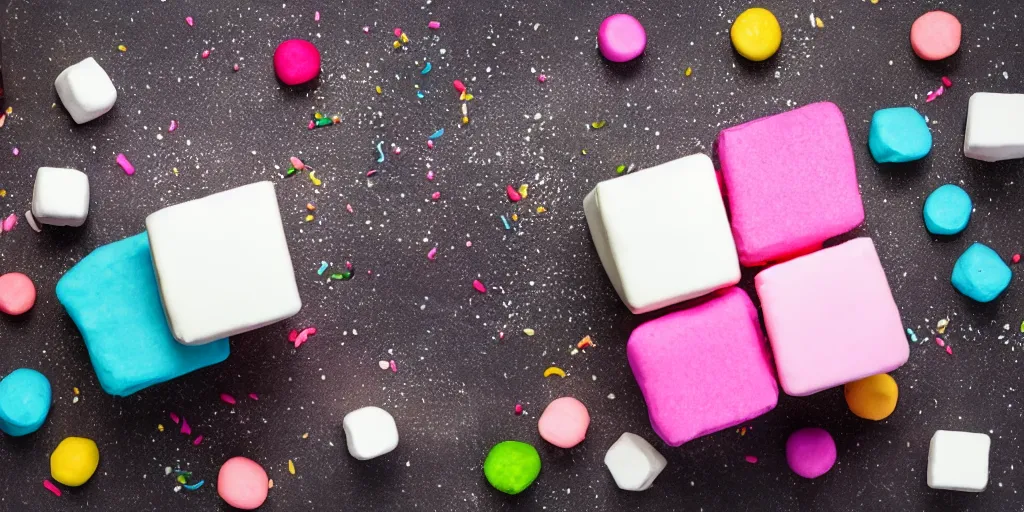 Image similar to photograph of a marshmallow cube with sprinkles and on a dark wooden chopping board, pastel colours, hessian cloth, styled food photography, photorealistic, 4 k