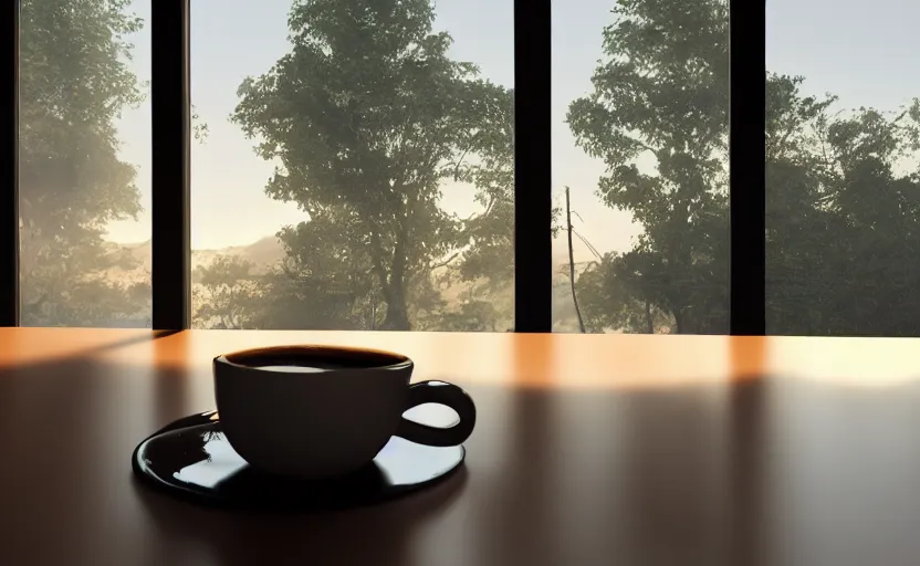 Image similar to a cup of coffee on a cafe table near a window with view to the sunrise, concept art, octane render, unreal engine 5, trending on artstation, high quality, highly detailed, path traced, high coherence, hyperrealistic, godrays, serene scene, soft lighting, macro photo