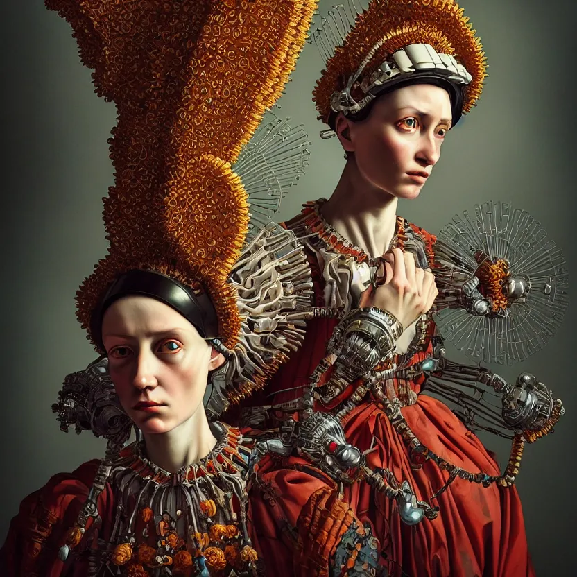 Image similar to colour caravaggio style photography of highly detailed beautiful woman with 1 0 0 0 years perfect face and wearing detailed ukrainian folk costume designed by taras shevchenko also wearing highly detailed retrofuturistic sci - fi neural interface designed by josan gonzalez. many details in style of josan gonzalez and mike winkelmann and andgreg rutkowski and alphonse muchaand