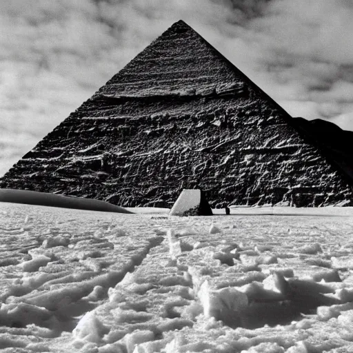 Prompt: black and white archival photo from 1950s of a pyramid sticking up out of the snow in antarctica. the photo is badly damaged