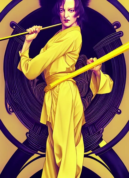 Prompt: uma thurman in kill bill, rococo and art nouveau fusion, swinging reflective katana, yellow jumpsuit with black stripe, highly detailed, deep focus, elegant, digital painting, smooth, sharp focus, illustration, ultra realistic, japanese art by artgerm and alphonse mucha