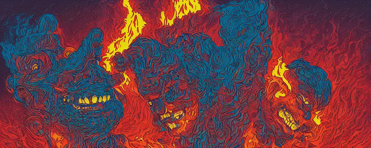 Image similar to portrait of head melting into another one, lava, laugh and surprise, by Dan Mumford