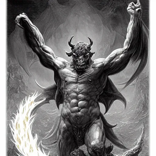 Image similar to full body, grayscale, muscled humanoid balrog demon, horns, claws, large horned tail, heroic pose, flames, fire, tarot, Gustave Dore, Greg Rutkowski,