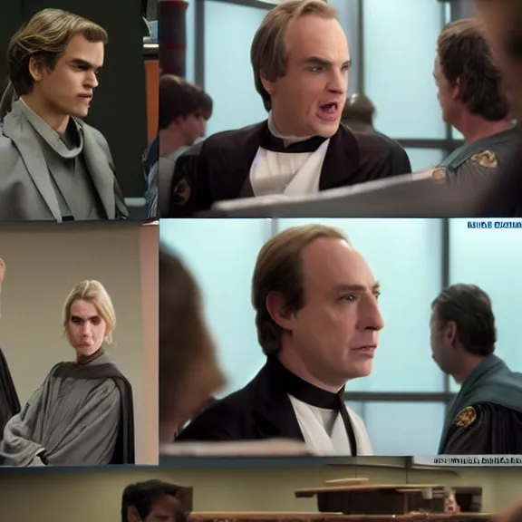 Image similar to anakin skywalker played by hayden christensen wearing jedi robes is talking to lawyers saul goodman played by bob odenkirk wearing a suit and kik wexler played by rhea seehorn in court, better call saul court scene 1 0 8 0 p, jimmy mcgill in court, court session images, realistic faces