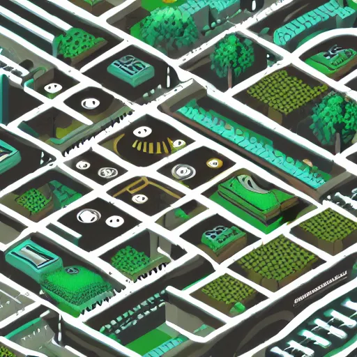 Prompt: an organic and clockwork isometric cityscape made of tree roots