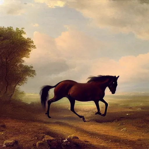 Image similar to a wide angle shot of a horse walking slowly. the scene is detailed and beautiful. the masterpiece painting uses a limited palette of colors, which are applied in a direct and expressive manner. the appearance is flat, with a two - dimensional quality. the composition is rhythmic.