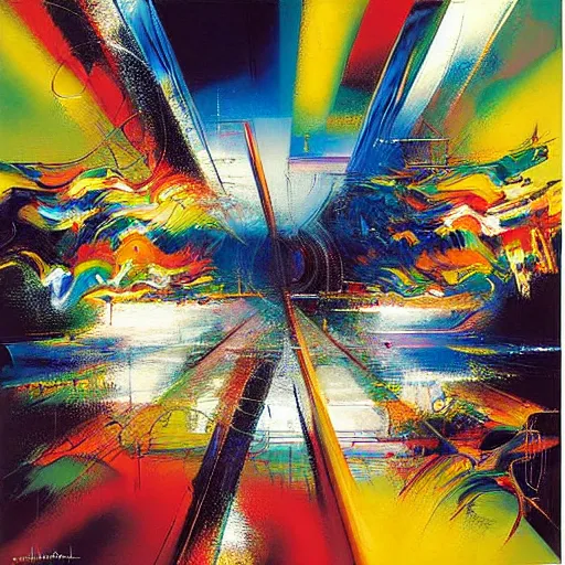 Image similar to abstract art representing momentum, oil painting by john berkey and gabriel dawe, masterwork