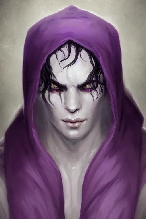 Prompt: white horns djinn man , black hair , portrait, concept art, purple and white thich cloak, illustration, costume design, editorial photo, fashion, hyperrealism, realism, trending on artstation, Charlie Bowater, WLOP