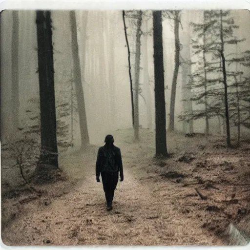 Image similar to old polaroid photo of a zombie walking in forest, mysterious, fog,