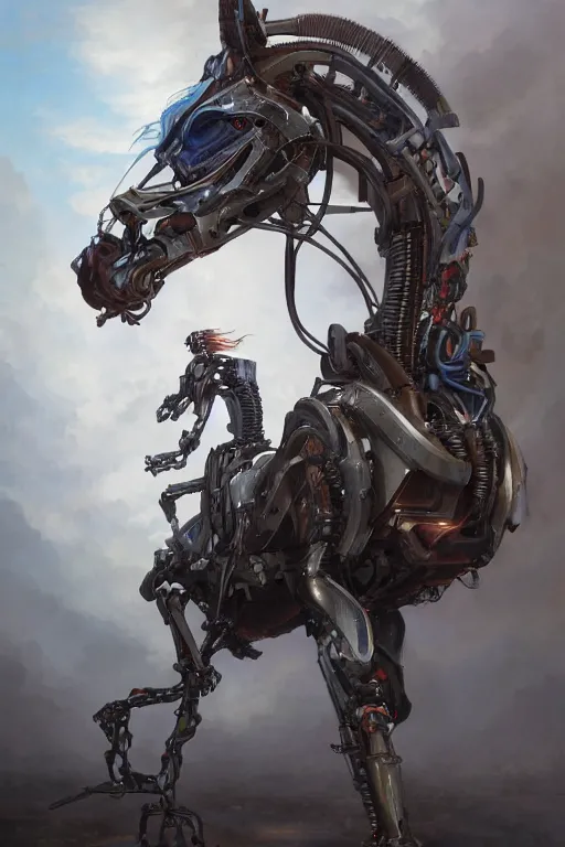 Image similar to 3 quarter view photography portrait of a biomechanical stalion horse illustrated by greg rutkowski and Akira Saito and Peter mohrbacher, boston dynamics, 4k,