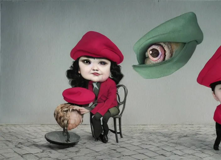 Prompt: a shrimp wearing beret and suit, lowbrow, matte painting, 3 - d highly detailed, in the style of mark ryden,