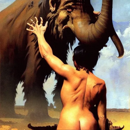 Image similar to a mammoth threatening a girl, detailed oil painting by Frank Frazetta