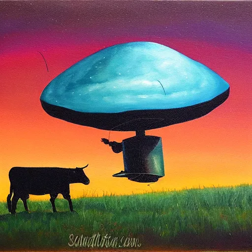 Image similar to a ufo stealing cows, painting