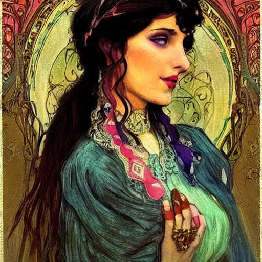 Image similar to gypsy girl, dark hair, art nouveau, jugendstil