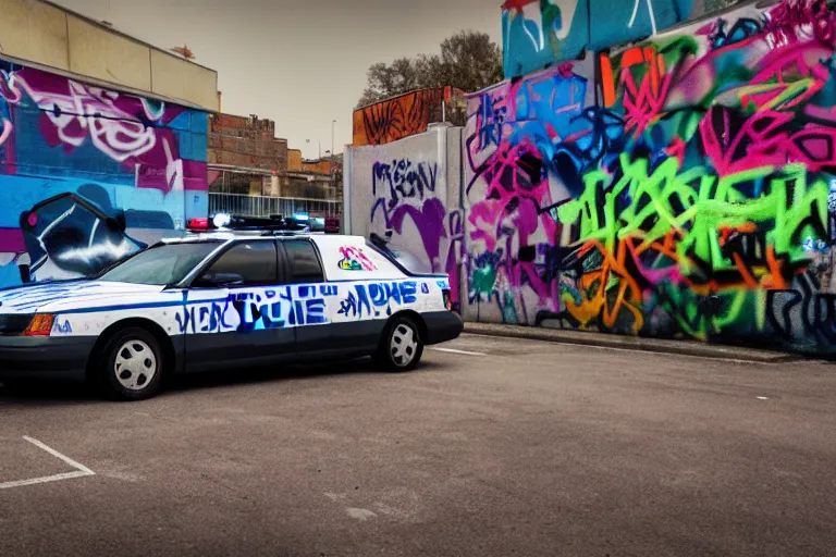 Prompt: a police car covered in graffiti that spells'1 3 1 2'by mia brownell, art by anna hotchkis, antonio saura, very detailed, maximalism, ambient occlusion, volumetric light, atmospheric haze, hyper realism, futuristic but colorful shading, cinematic composition, realistic render, photography, wide shot