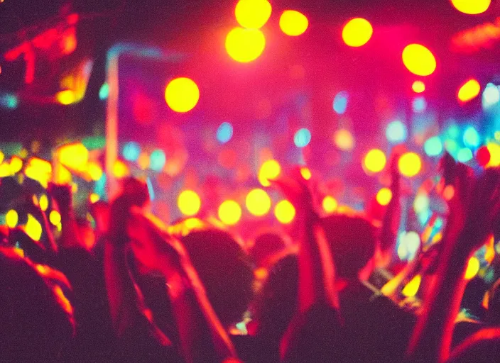 Image similar to a 2 8 mm macro photo of a crowd at a colorful discotheque in silhouette in the 1 9 7 0 s, bokeh, canon 5 0 mm, cinematic lighting, dramatic, film, photography, golden hour, depth of field, award - winning, 3 5 mm film grain