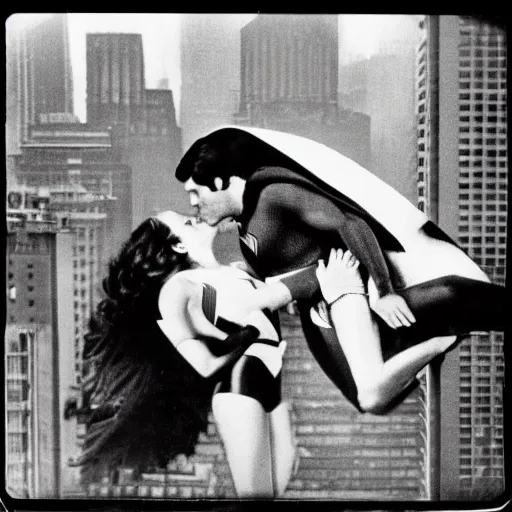 Image similar to a polaroid photo of superman kissing lois lane while flying over metropolis in 1978