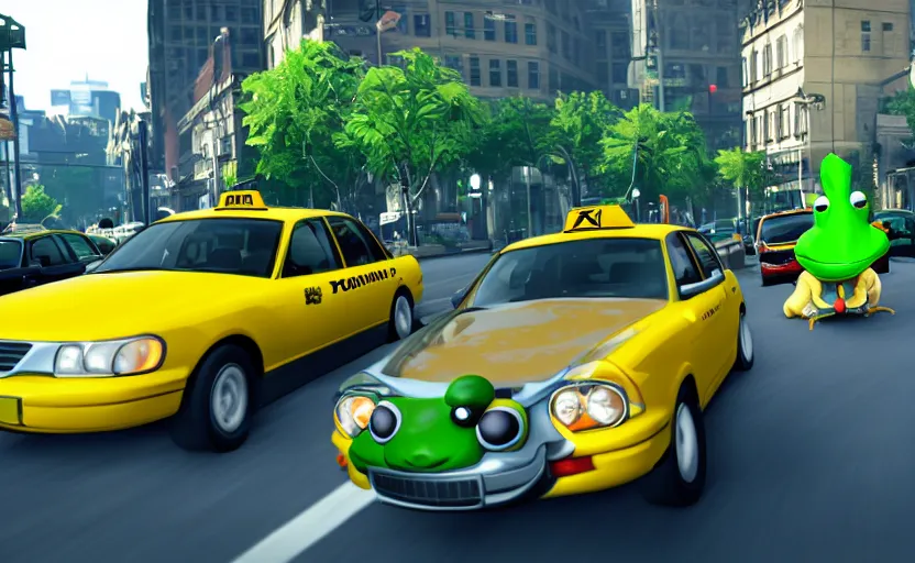 Image similar to ps 4 game about a frog driving a taxi, unreal 4 screenshot,