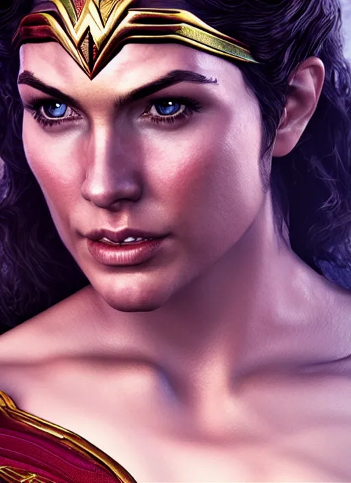 Image similar to An epic fantasy comic book style portrait painting of Henry Cavill as ‘Wonder Woman’, Unreal 5, DAZ, hyperrealistic, octane render, cosplay, RPG portrait, dynamic lighting