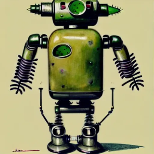 Prompt: a full-body 1950s retro cactus robot, Bionic Arms and eyes. muted colours. by Jean-Baptiste Monge,