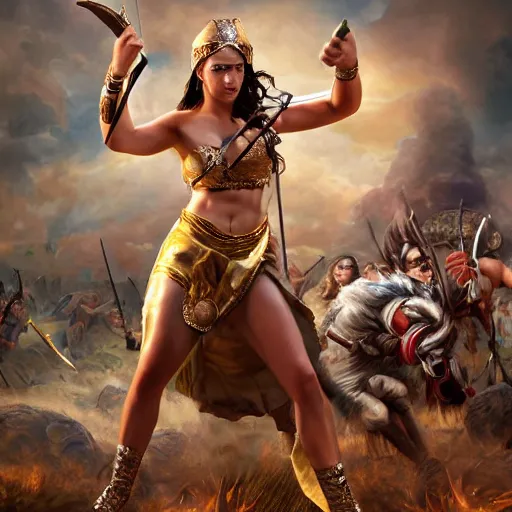 Prompt: Greek goddess Athena fighting with stupidity, stupidity is represented by horde of internet influencers, realistic person, spear in the right hand, long hair, detailed body and face, natural look, realistic photography, hyper realistic, highly detailed, 4k, battle landscape, high quality image, couraging and atmospheric composition