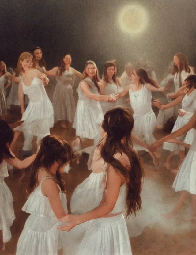 Image similar to Girls in a round dance, in white dresses, dancing in a circle, Cottage core, Cinematic focus, Polaroid photo, vintage, neutral colors, soft lights, foggy, by Steve Hanks, by Serov Valentin, by lisa yuskavage, by Andrei Tarkovsky, by Terrence Malick, 8k render, detailed, oil on canvas, High angle view, wide shot