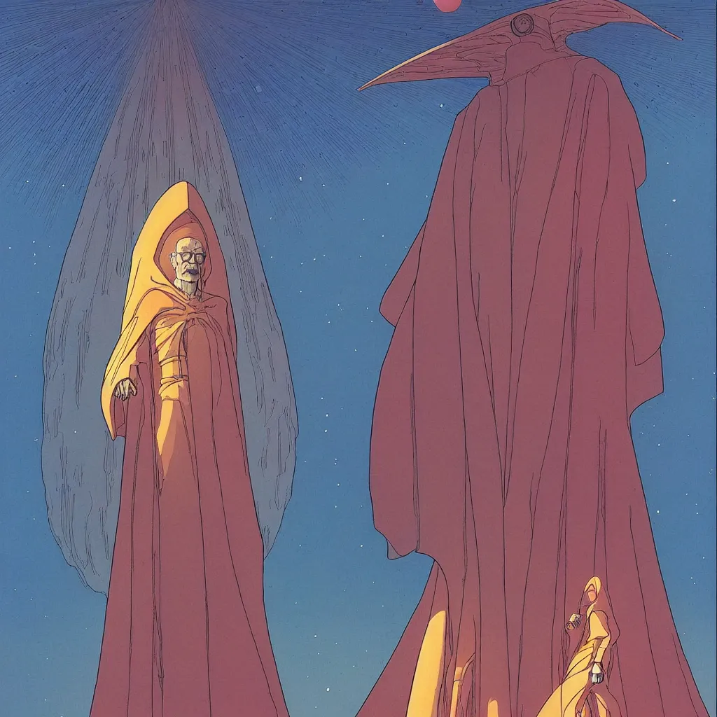 Image similar to centered portrait of illustration, a person with a short cloak traveling in a space ship, volumetric, awesome scheme, intrincate, art by jean giraud and moebius