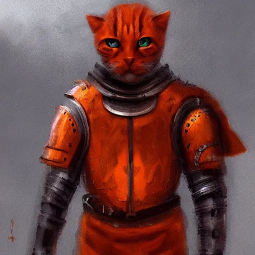 Prompt: orange cat wearing medieval suit of armor, illustration, concept art, art by wlop, dark, moody, dramatic