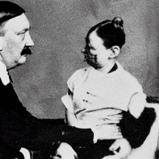 Prompt: Adolf Hitler's mom is holding his ears as a punishment