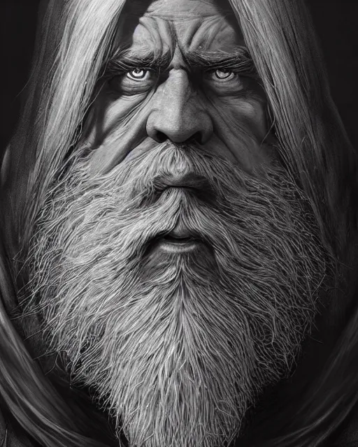 Image similar to portrait of a 6 0 - year - old giant man with long tangles of bushy black hair and beard hiding most of his face, wearing in black cloak, hyper realistic face, beautiful eyes, character art, art by mark brooks, hyperdetailed, cryengine, trending on artstation, digital art