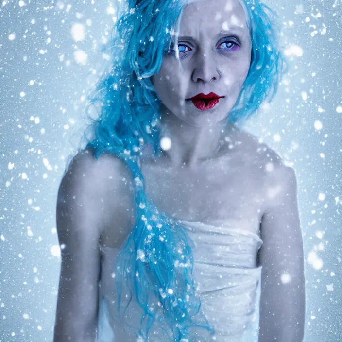 Image similar to a sickly looking woman dying of hypothermia, with very white skin and pale blue hair wearing a long white dress made out of snowflakes in the middle of a heavy snowstorm. blue lips. full body digital portrait by maromi sagi