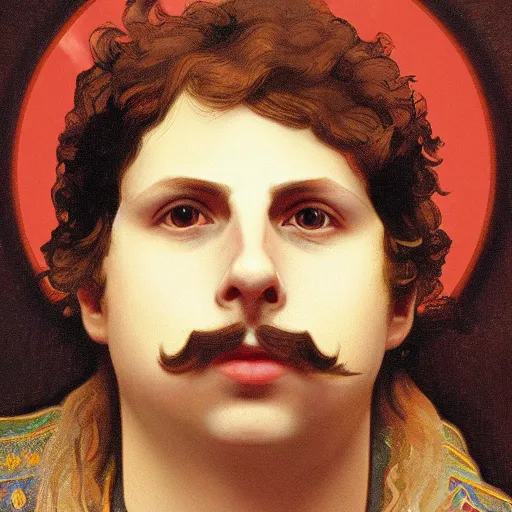 Prompt: a detailed portrait of michael cera as santa ana at the alamo, long twirling moustache, by alphonse mucha and albert bierstadt and thomas moran and charles russel, god rays, intricate detail, cinematic, 8 k, featured on artstation, pixiv