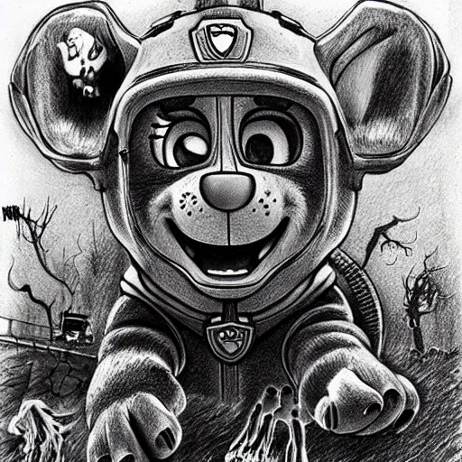 Prompt: Extremely detailed drawing of Paw Patrol, Stephen Gammell style, Scary Stories, hyperrealistic, horror