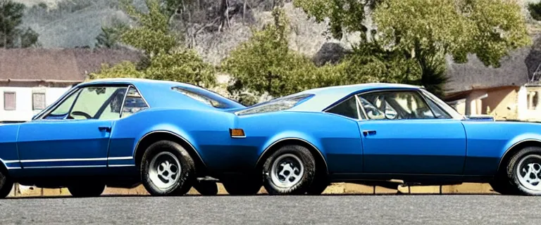 Prompt: denim blue audi camaro b 1 ( 1 9 6 7 ), restomod, establishing shot