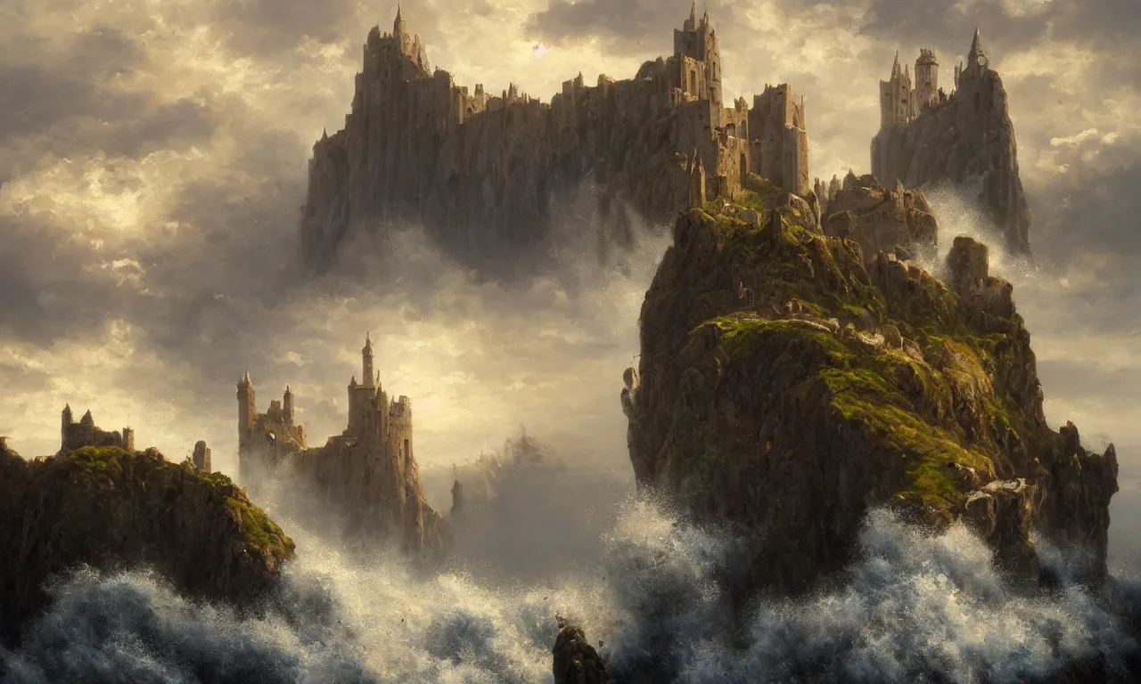 Prompt: Oil painting of medieval castles with tall towers on steep Irish cliffs by a brave ocean by James gurney and Greg Rutkowski and Peter Polach, ultra-detailed, 4k resolution, intricate, splash of waves, beautiful clouds, Ireland cliffs, Irish country side, trending on Artstation