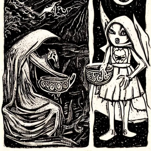 Prompt: haunted fairytale, skeletal little red riding hood having tea with the demon wolf, lupus moon, woodblock detailed dramatic tarot