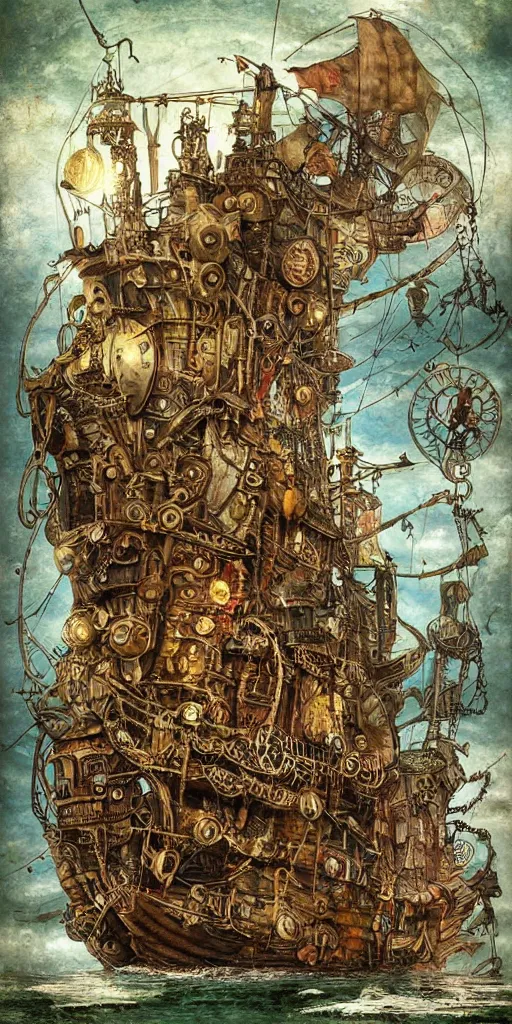 Image similar to a detailed digital painting of a steampunk pirate ship by alexander jansson and where's waldo and leonardo da vinci