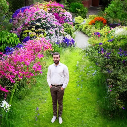 Prompt: a photo of a man standing in a garden surrounded by beautiful flowers