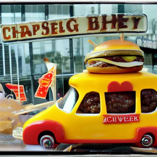 Image similar to a cheeseburger car automobile with burger wheels and melted cheese over the windshield, highly detailed stage photography of food