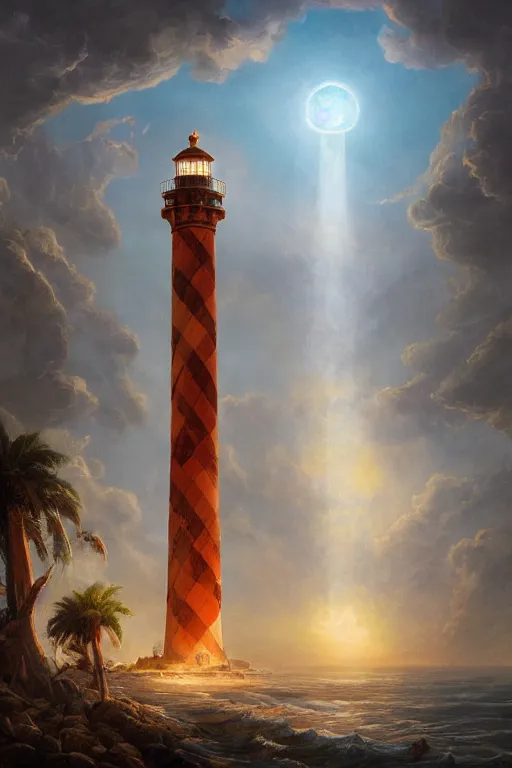 Prompt: Detailed Exterior Shot of The Gleaming Famous Lighthouse of Alexandria, light of god, light shafts, flock of birds, stunning atmosphere, in Style of Peter Mohrbacher, cinematic lighting