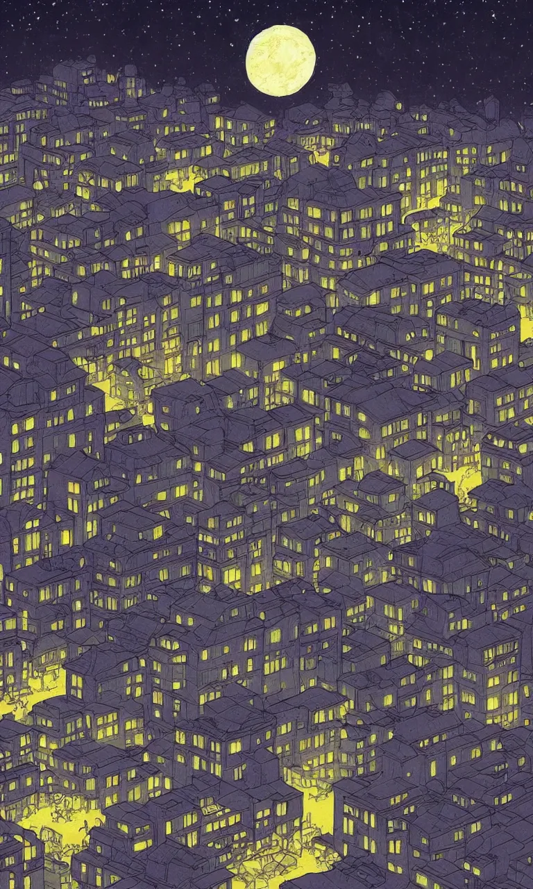 Image similar to a serene painting of a town at night, the moon and stars, by laurie greasley, artstation, studio ghibli color scheme