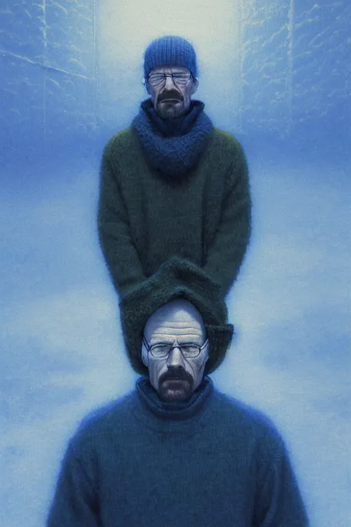 Image similar to portrait of a walter white as sapphire herald in an elegant winter sweater, by makoto shinkai, by akihiko yoshida, by zdzislaw beksinski, by dariusz zawadzki, artbook, tone mapped, deep blues, shiny, soft lighting