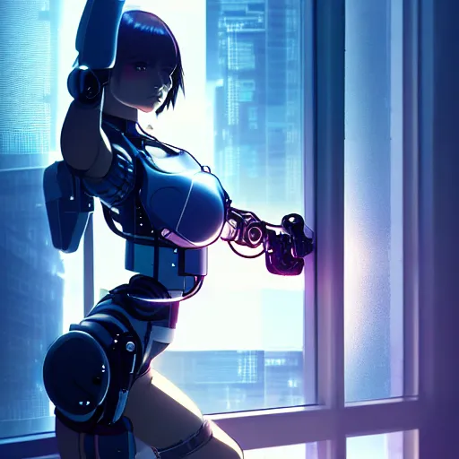 Image similar to beautiful cyborg - girl punching through a large reflective shattering window, window reflections, reflective, mirror reflection, refractions on lens, full round face, biomechanical details, cyberpunk anime art, full body shot, lens flare, wlop, ilya kuvshinov, artgerm, krenz cushart, greg rutkowski