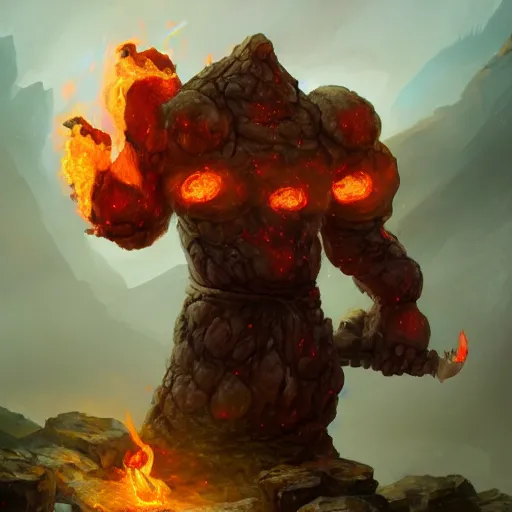 Prompt: The fire elemental stone golem made of large boulders, d&d art, fantasy, painted, 4k, high detail, sharp focus, artstation