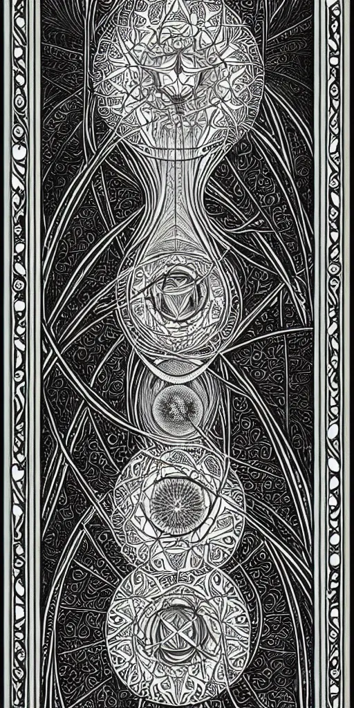Prompt: a beautiful black and white fractal tarot card featuring bold occult imagery with clean lines. haeckel. detailed adult coloring book