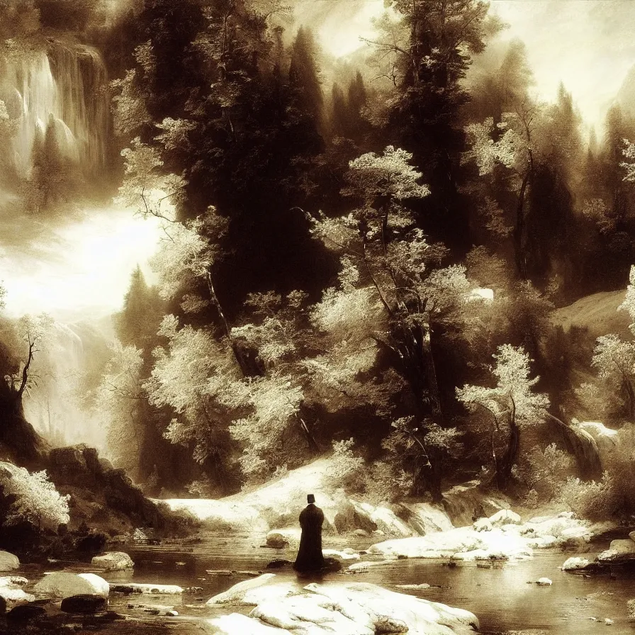 Prompt: artwork titled :'alone in the world ', painted by thomas moran and albert bierstadt. monochrome.