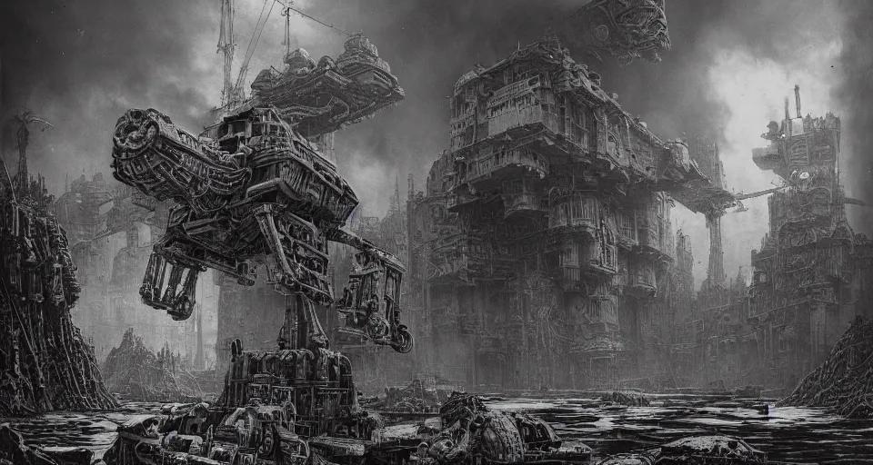 Prompt: a beautiful hyperrealistic ultradetailed matte painting of a dieselpunk AT-AT mech, by James Stokoe and harry clarke and Zdzisław Beksiński and Jakub Rozalski and HR Giger:3.00, skulls and gas masks, dark, realistic, black smoke, oil, machine parts, dystopian, insane details, intricate, mecha, embers, trending on artstation, micro details, HD wallpaper, 8k