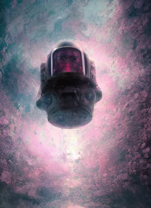 Prompt: pink concept art by craig mullins astronauts in futuristic dark and empty spaceship underwater. complex and hyperdetailed technical suit. mandelbulb fractal. reflection and dispersion materials. rays and dispersion of light. volumetric light. 5 0 mm, f / 3 2. noise film photo. flash photography. octane render. interstellar movie art