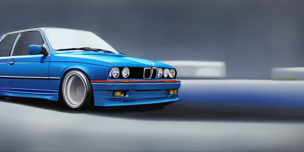 Image similar to bright dark blue BMW e30, hyper realism, depth of view 8k.